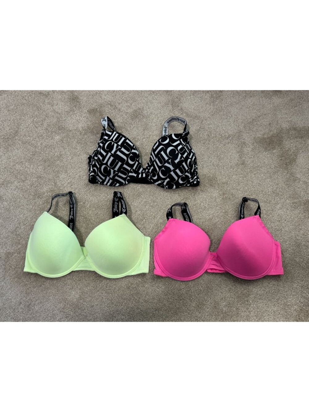 Juicy Couture Lot of 3 Padded Underwire Bras Size 36D All Over Logo, Green, Pink